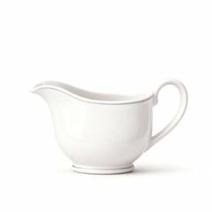 Elegant white gravy boat with silver trim isolated on white background for serving sauces and dressings
