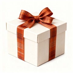 A white gift box with an orange plaid ribbon isolated on white background, perfect for any special occasion