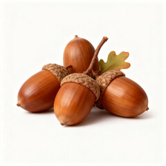 Four acorns with a leaf isolated on white background, a symbol of autumn and natures bounty