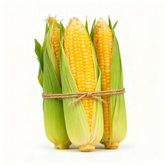 Three ears of corn tied together isolated on white background, a staple food and healthy vegetable