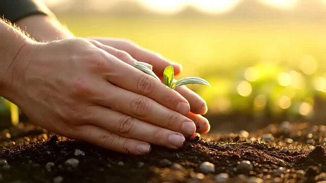 Close up of hands gently nurturing a young green plant seedling growing in rich soil