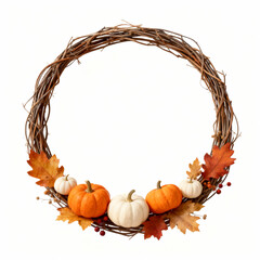 Festive autumn wreath with pumpkins and fall leaves isolated on white background for thanksgiving day