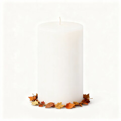 White pillar candle surrounded by autumn leaves isolated on white background for home decor and ambiance