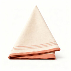 Folded beige linen napkin with orange stripes isolated on white background for table setting design