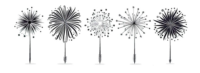 Obraz premium Hand Drawn Firework Icons Set Simple Black And White Dandelion Shapes On White Background Vector