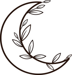 Elegant crescent moon with delicate floral branch simple line art organic nature element vector