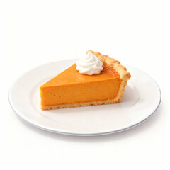 A delicious slice of pumpkin pie with whipped cream on a white plate isolated on white background
