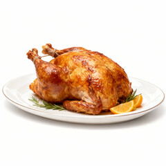 Roasted chicken on a platter isolated on white background, a delicious main course