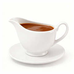Delicious gravy in a white gravy boat isolated on white background for thanksgiving
