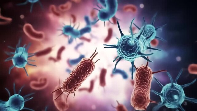 Microscopic view of various bacteria and viruses, including rod-shaped and spiky microorganisms, illustrating a biological infection or cellular activity in a vibrant, abstract scientific background.
