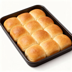 Freshly baked dinner rolls in a baking pan isolated on white background, ready to eat