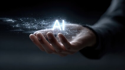 Hand Holding Holographic Word AI with Digital Data Flow Against Dark Background
