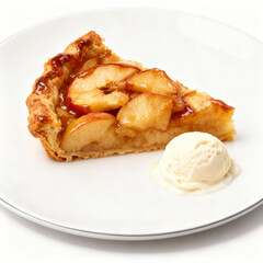 Slice of apple pie with ice cream isolated on white background is ready to eat