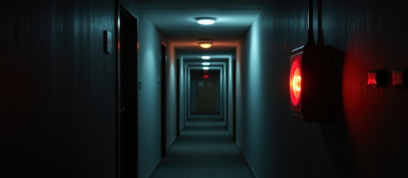 Mysterious dimly lit hotel corridor with glowing exit sign.