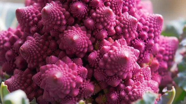 Close up view of a vibrant purple Romanesco broccoli, showcasing its unique fractal patterns and intricate texture, a beautiful and healthy vegetable.