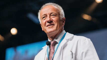A healthcare expert in a white coat addresses an audience at a conference, sharing insights on new medical practices and advancements.