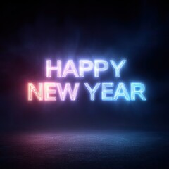 Obraz premium Happy New Year Neon Lights Text Celebration Glowing Blue Pink Purple Dark Background Sparkle Floor Holiday