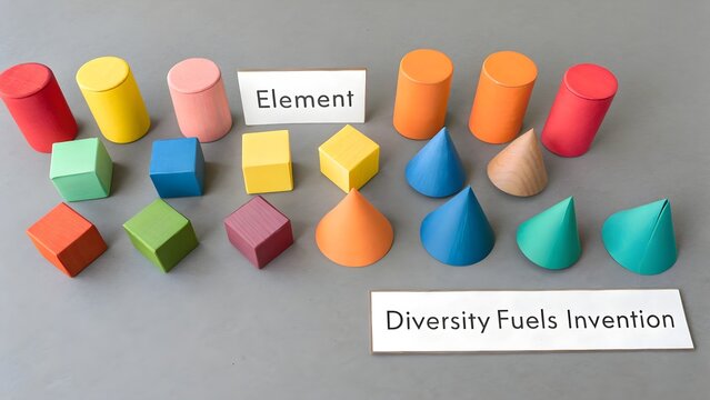 Geometric learning shapes including cubes cones and cylinders displayed on a flat surface