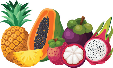 Digital Illustration of Exotic Fruits Pineapple, Papaya, and More