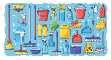 Cartoon Cleaning Supplies Collection for a Spotless Home