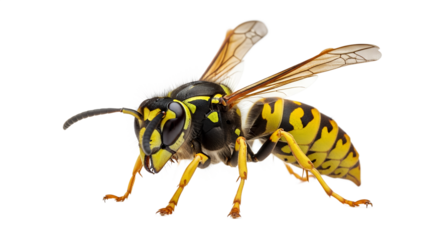Full-body view of a wasp with yellow and black stripes  
