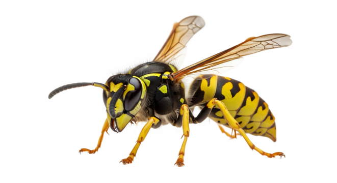 Full-body view of a wasp with yellow and black stripes  