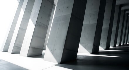 Fototapeta premium Perspective view of a modern architectural space with strong concrete pillars casting dramatic shadows under bright sunlight