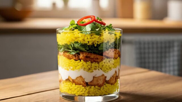 Layered chicken and yellow rice parfait in a glass with cilantro and chili garnish