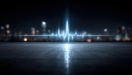 Illuminated Blue Waveform Over Urban Cityscape At Night