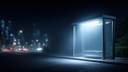 Obraz premium Illuminated Bus Stop Shelter At Night With Blurred City Lights And Foggy Atmosphere In A Realistic 3D Render