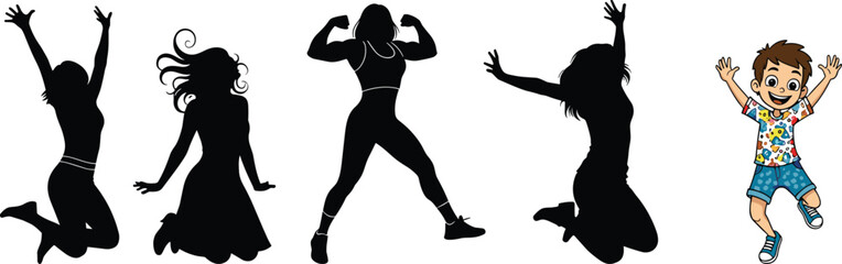 Jumping silhouettes, cartoon boy, energetic pose, playful movement, flexing muscles, joyful action, kids activity, dynamic figures, contrast design, expressive motion