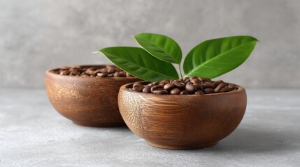 Fresh Coffee Beans in Wooden Bowls with Green Leaves on Grey Background for Natural and Organic Lifestyle Concepts