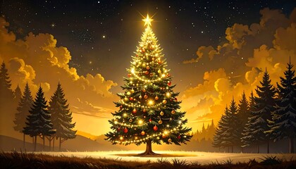 A large, brightly decorated evergreen tree stands centered, glowing under a golden-hued sky filled with stars