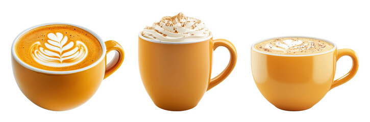 Three pumpkin spice lattes in orange cups showing different serving styles, isolated on transparent background