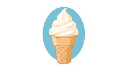 Delicious swirl ice cream cone illustration on light blue oval background