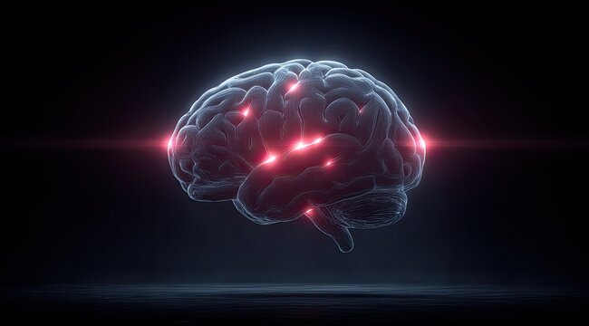 Illuminated Human Brain Lifting Weights in Dark with Red Highlights, Brain Structure Made of Tiny Spheres, Weight Training, Mental Exercise, Dark Background - Powered by Adobe