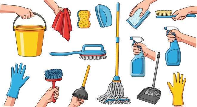 House Cleaning Supplies and Tools Vector Illustration