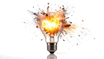 A lightbulb bursts in an explosion of flame and debris against a stark white backdrop, symbolizing a burst of ideas