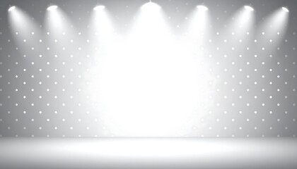 A light-flooded, minimalist stage is illuminated by spotlights, creating a bright central focus with a subtle dotted texture on the backdrop