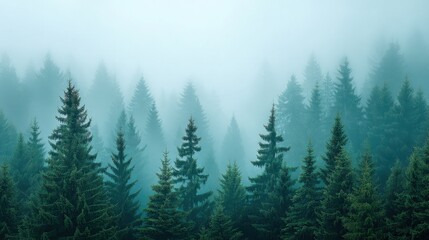 Fototapeta premium Serene Misty Forest Landscape with Tall Evergreen Trees in a Dreamlike Atmosphere Creating a Calm and Tranquil Scene for Nature Lovers