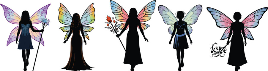 Fantasy fairy silhouette set, magical winged figures with staffs, colorful wings, enchanted poses, mystical character design, vector illustration