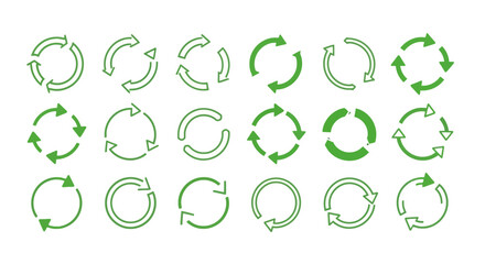 Set of Circular Green Arrows for Recycling, Rotation and Reuse Concepts