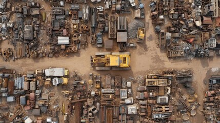 Aerial View of Industrial Scrap Yard with Abandoned Machinery and Equipment Surrounded by Piles of Metal Scrap and Rusty Components