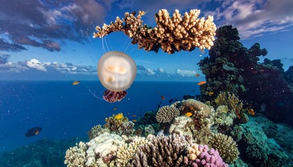 A luminescent jellyfish drifts in clear, deep water near vibrant coral formations under a partly cloudy sky