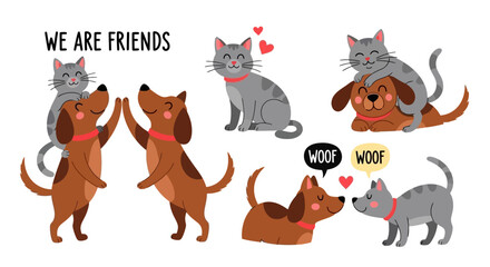 Fototapeta premium Cartoon Cats and Dogs Illustrating Friendship and Togetherness
