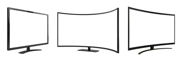 Three computer monitors showing different angles - flat, curved, and side view, isolated on transparent background