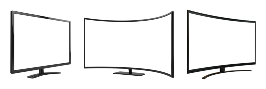 Three computer monitors showing different angles - flat, curved, and side view, isolated on transparent background - Powered by Adobe