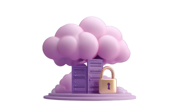 Secure cloud storage, 3D illustration of a purple cloud over a rack of servers with a padlock