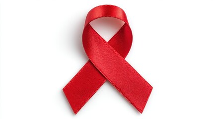 Glossy Red Ribbon on White Background Symbolizing Awareness and Support for Health Causes, Charities, and Community Initiatives Related to Illness Prevention