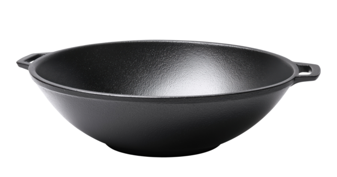 Black wok bowl with dual handles, isolated on transparent background